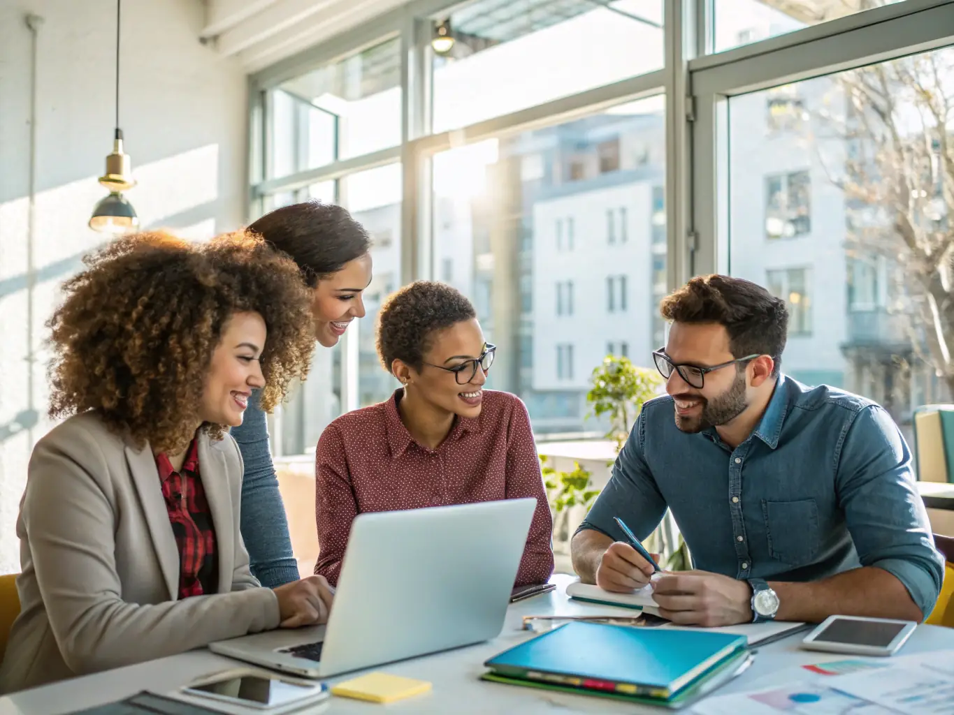 An image of a diverse team of NPM Technologies consultants collaborating on a project in a modern, glass-walled office, showcasing their expertise and teamwork.
