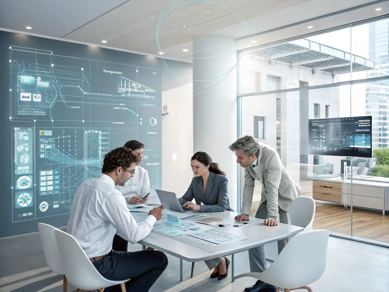 A team of NPM TECHNOLOGIES consultants collaborating on system architecture design, using digital whiteboards and advanced software tools to visualize and optimize the infrastructure for a client's business.