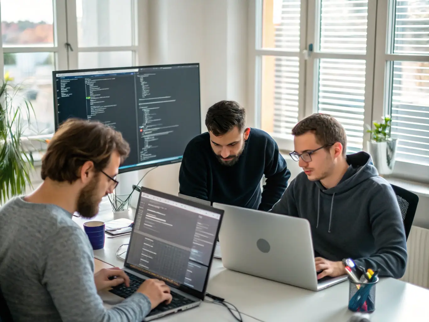 A development team at NPM TECHNOLOGIES working on custom software, writing code, conducting tests, and collaborating to deliver a tailored application that improves efficiency and user experience for a client.